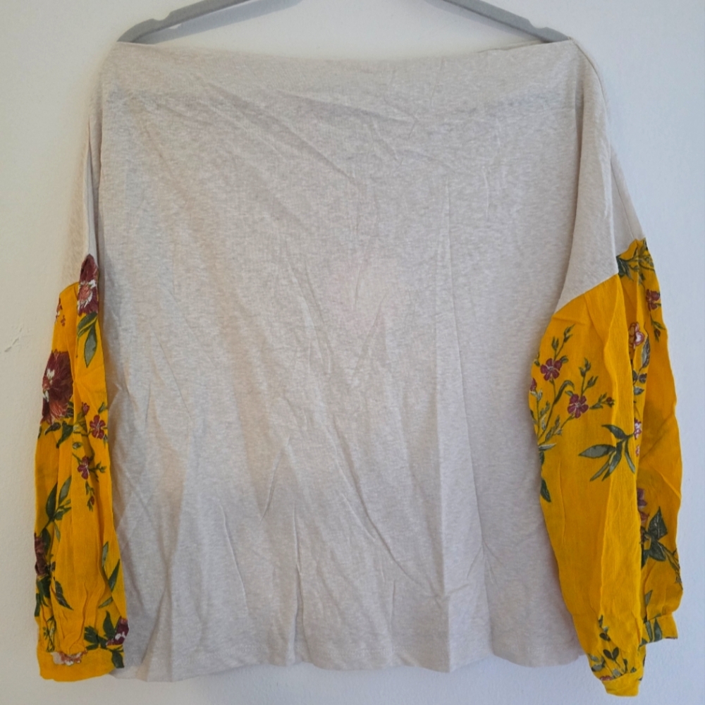 Umgee Cream Top with Yellow Floral Sleeves Boat Neckline